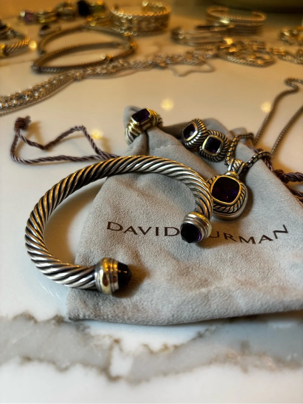 David Yurman Sterling Cable Cuff with Purple Terminals and Gold Accents